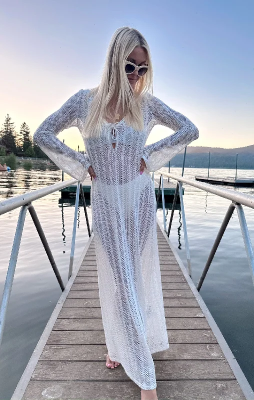 Maxi dresses with cold - shoulder cutouts for a trendy lookVacay Coverup ~ White Crochet Maxi dresses with cold - shoulder cutouts for a trendy lookVacay Coverup ~ White Crochet