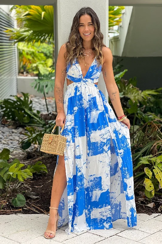 Maxi dresses with patchwork designs for a one - of - a - kind styleWhite And Blue Printed Maxi Dress With Cut Outs Maxi dresses with patchwork designs for a one - of - a - kind styleWhite And Blue Printed Maxi Dress With Cut Outs