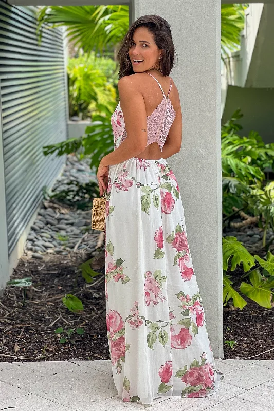 Polyester maxi dresses for easy - care and durabilityWhite And Fuchsia Floral Maxi Dress With Lace Back Polyester maxi dresses for easy - care and durabilityWhite And Fuchsia Floral Maxi Dress With Lace Back