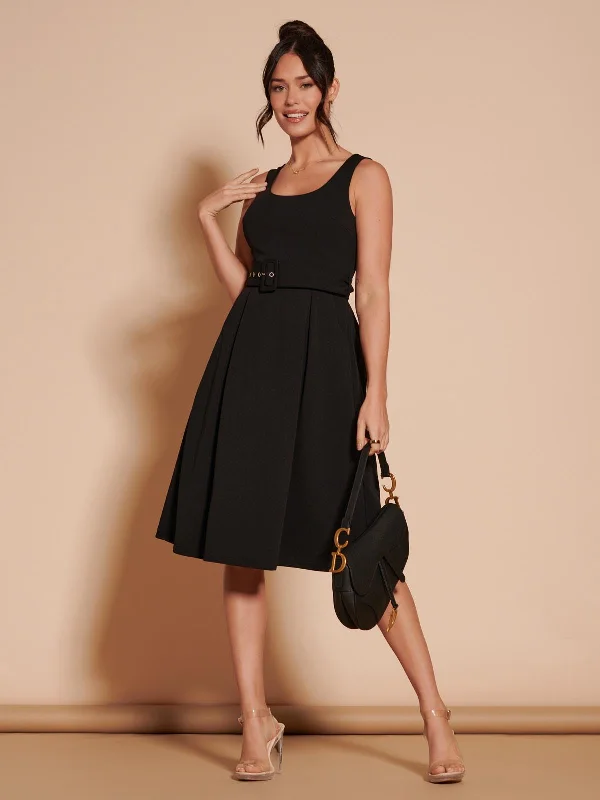 Midi dresses with ruched bodices for a feminine and fitted feel1950's Inspired Belted Swing Dress, Black Midi dresses with ruched bodices for a feminine and fitted feel1950's Inspired Belted Swing Dress, Black