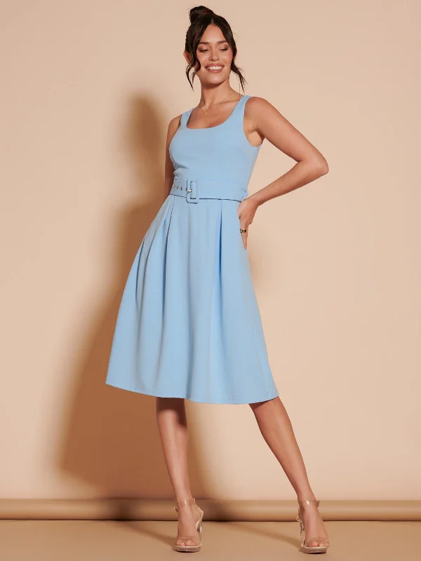 Maxi - inspired midi dresses with flowing fabrics for a beachy vibe1950's Inspired Belted Swing Dress, Blue Maxi - inspired midi dresses with flowing fabrics for a beachy vibe1950's Inspired Belted Swing Dress, Blue