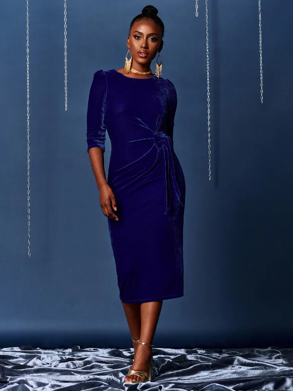 Midi dresses with embroidered accents for a unique and detailed design3/4 Sleeve Tie Detail Velvet Midi Dress, Royal Blue Midi dresses with embroidered accents for a unique and detailed design3/4 Sleeve Tie Detail Velvet Midi Dress, Royal Blue