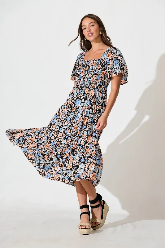 Midi dresses with gathered skirts for a full and flowing silhouetteAkino Midi Dress in Black with Multi Floral Midi dresses with gathered skirts for a full and flowing silhouetteAkino Midi Dress in Black with Multi Floral