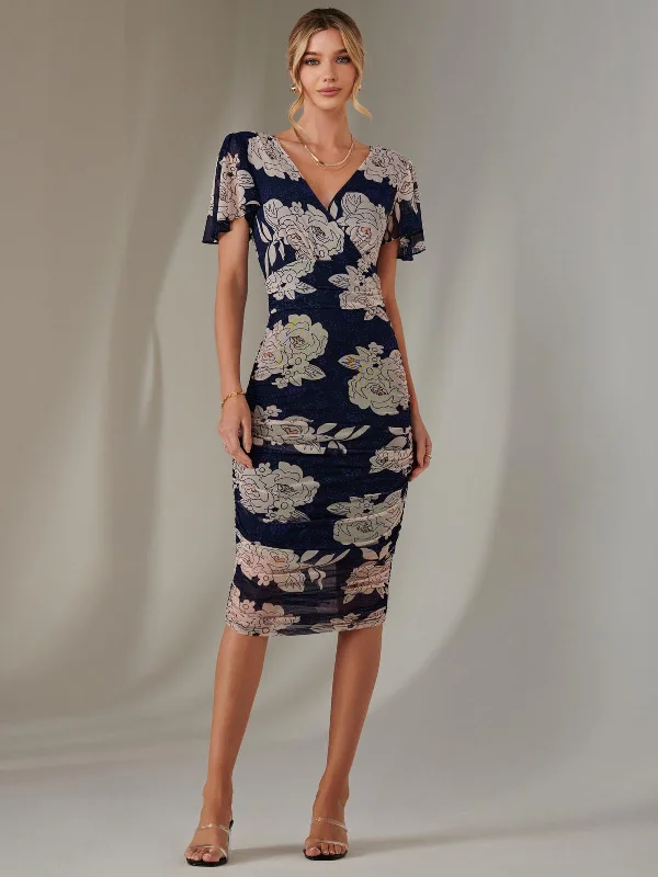 Midi dresses with off - the - shoulder necklines for a flirty lookAngel Sleeve Ruched Bodycon Dress, Navy Floral Midi dresses with off - the - shoulder necklines for a flirty lookAngel Sleeve Ruched Bodycon Dress, Navy Floral