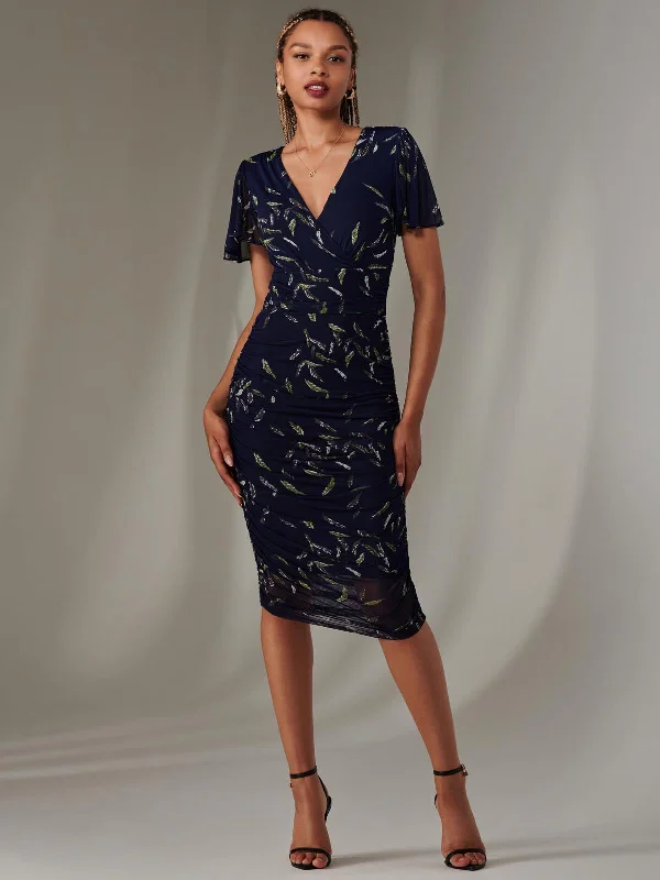 Midi dresses with side slits for a sexy and elegant appearanceAngel Sleeve Ruched Bodycon Dress, Navy Leafy Midi dresses with side slits for a sexy and elegant appearanceAngel Sleeve Ruched Bodycon Dress, Navy Leafy