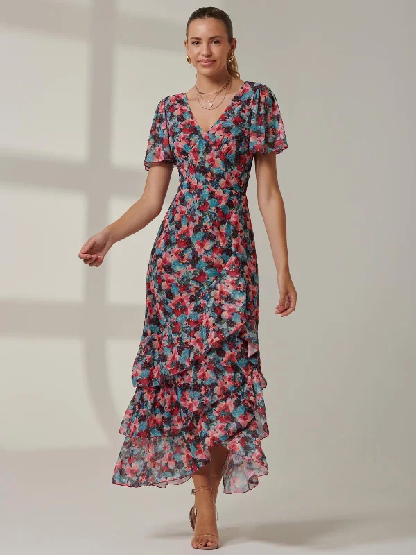 Midi dresses with button - front designs for a classic touchAngel Sleeve Tiered Hem Maxi Dress, Teal Multi Midi dresses with button - front designs for a classic touchAngel Sleeve Tiered Hem Maxi Dress, Teal Multi