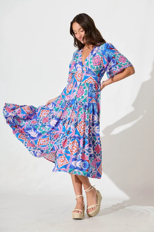 Midi dresses with one - shoulder designs for a modern and asymmetric styleAwayday Midi Dress In Pink and Blue Multi Print Midi dresses with one - shoulder designs for a modern and asymmetric styleAwayday Midi Dress In Pink and Blue Multi Print