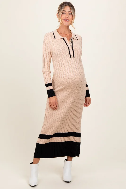 Midi dresses with abstract art prints for an artistic statementBeige Contrast Trim Knit Polo Maternity Midi Dress Midi dresses with abstract art prints for an artistic statementBeige Contrast Trim Knit Polo Maternity Midi Dress