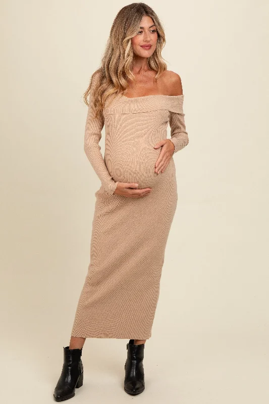 Sleeveless midi dresses with lace details for summer weddingsBeige Foldover One Shoulder Maternity Maxi Sweater Dress Sleeveless midi dresses with lace details for summer weddingsBeige Foldover One Shoulder Maternity Maxi Sweater Dress