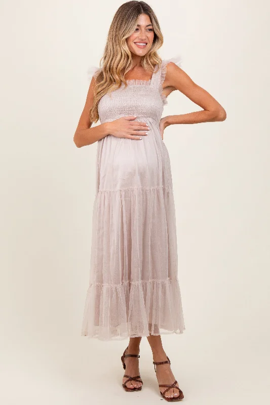 Midi dresses with side slits for a sexy and elegant appearanceBeige Mesh Overlay Smocked Maternity Midi Dress Midi dresses with side slits for a sexy and elegant appearanceBeige Mesh Overlay Smocked Maternity Midi Dress