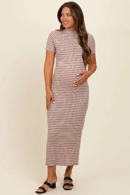 Midi dresses with asymmetric hems for a fashion - forward and dynamic appearanceBeige Striped Mock Neck Fitted Maternity Midi Dress Midi dresses with asymmetric hems for a fashion - forward and dynamic appearanceBeige Striped Mock Neck Fitted Maternity Midi Dress