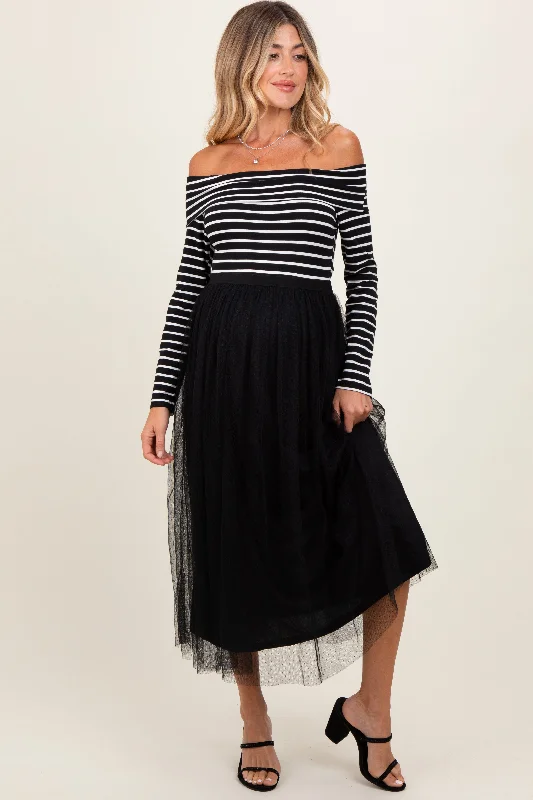 Midi dresses with animal prints for a bold and confident appearanceBlack Striped Off Shoulder Contrast Knit Mesh Maternity Maxi Dress Midi dresses with animal prints for a bold and confident appearanceBlack Striped Off Shoulder Contrast Knit Mesh Maternity Maxi Dress