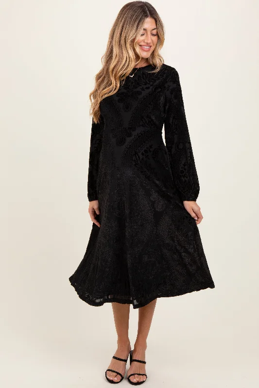Midi dresses with belted waists to accentuate the figureBlack Velvet Damask Maternity Midi Dress Midi dresses with belted waists to accentuate the figureBlack Velvet Damask Maternity Midi Dress