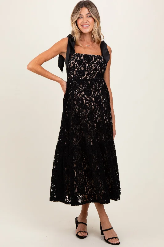 Midi dresses with embroidered accents for a unique and detailed designBlack Velvet Lace Shoulder Bow Maternity Maxi Dress Midi dresses with embroidered accents for a unique and detailed designBlack Velvet Lace Shoulder Bow Maternity Maxi Dress