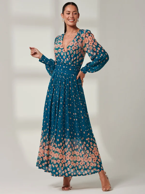 Midi dresses with patchwork patterns for a one - of - a - kind styleBlossom Long Sleeve Mesh Maxi Dress, Teal Multi Midi dresses with patchwork patterns for a one - of - a - kind styleBlossom Long Sleeve Mesh Maxi Dress, Teal Multi