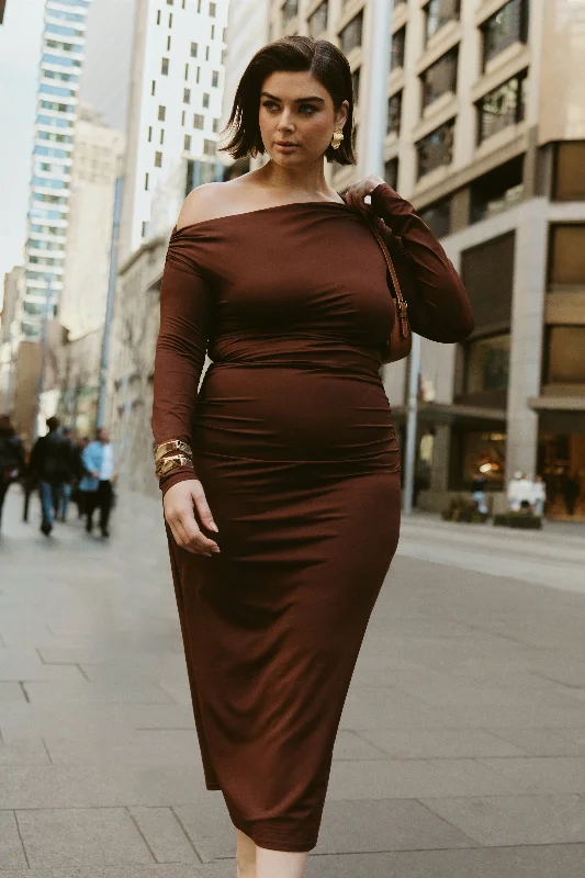 Midi dresses with puff sleeves for a vintage - inspired lookChristabel Recycled Nylon Ruched Midi Dress - Chocolate Midi dresses with puff sleeves for a vintage - inspired lookChristabel Recycled Nylon Ruched Midi Dress - Chocolate