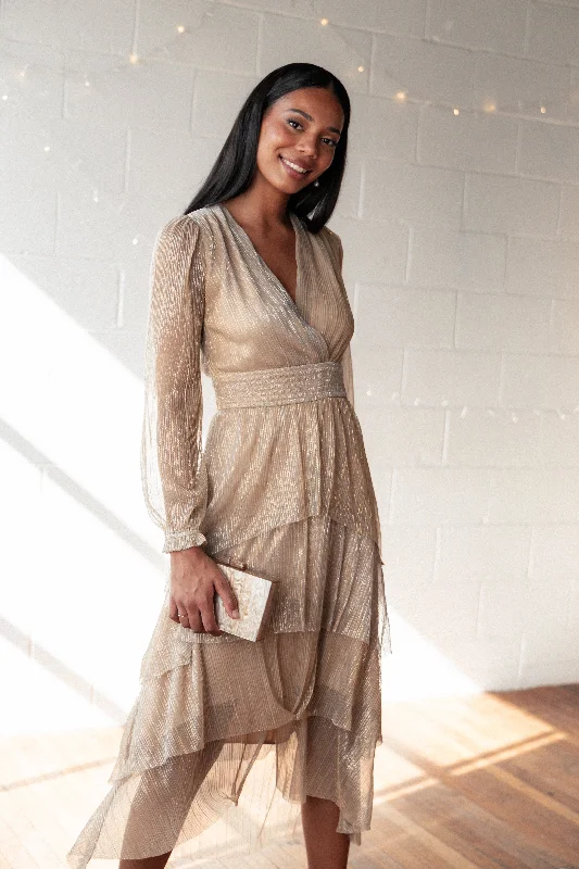 Midi dresses with metallic threads for a glamorous evening eventCybil Pleated Tiered Midi Dress - Champagne Gold Midi dresses with metallic threads for a glamorous evening eventCybil Pleated Tiered Midi Dress - Champagne Gold