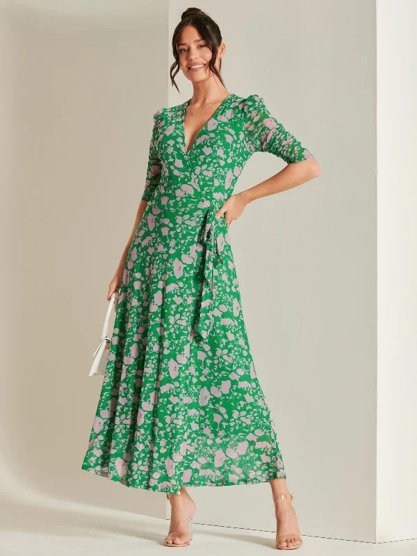 Midi dresses with V - necklines for a flattering and elongating effectDaliyah Wrap Front Mesh Maxi Dress, Green Floral Midi dresses with V - necklines for a flattering and elongating effectDaliyah Wrap Front Mesh Maxi Dress, Green Floral