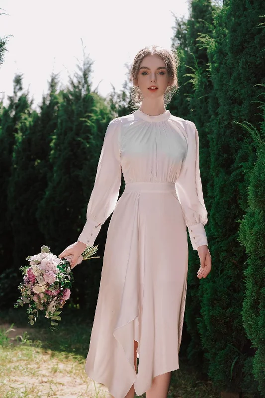 Midi dresses with ruched sleeves for a more fitted and stylish arm lookDelphis Asymmetric Cuff Sleeved Silk Midi Dress Midi dresses with ruched sleeves for a more fitted and stylish arm lookDelphis Asymmetric Cuff Sleeved Silk Midi Dress