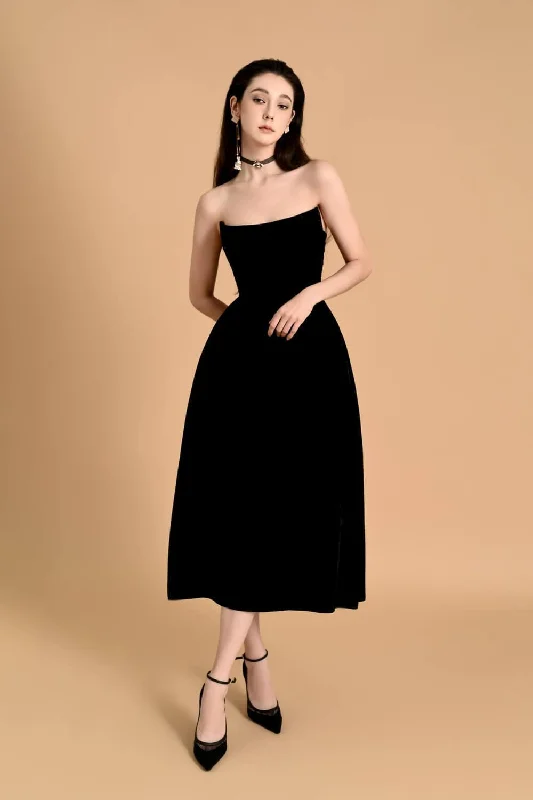 Midi dresses with geometric cutouts for a contemporary and edgy lookDobbin Strapless Straight Across Neck Velvet Midi Dress Midi dresses with geometric cutouts for a contemporary and edgy lookDobbin Strapless Straight Across Neck Velvet Midi Dress