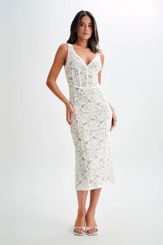 Midi dresses with belted waists to accentuate the figureDoria Lace Plisse Midi Dress - Ivory Midi dresses with belted waists to accentuate the figureDoria Lace Plisse Midi Dress - Ivory