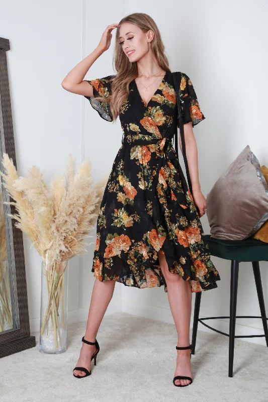 Midi dresses with denim fabric for a casual yet stylish day outDouble Second Black Orange Printed Dobby Midi Wrap Dress Midi dresses with denim fabric for a casual yet stylish day outDouble Second Black Orange Printed Dobby Midi Wrap Dress