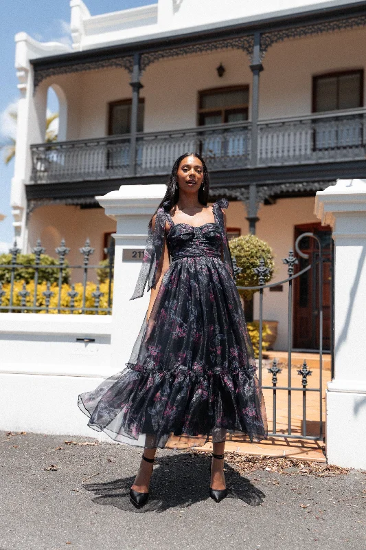Midi dresses with asymmetric hems for a fashion - forward and dynamic appearanceFloret Midi Dress - Dark Floral Midi dresses with asymmetric hems for a fashion - forward and dynamic appearanceFloret Midi Dress - Dark Floral