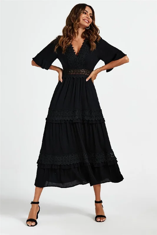 Midi dresses with keyhole backs for a flirty and unexpected detailFS Collection V Neck Lace Detail Midi Dress In Black Midi dresses with keyhole backs for a flirty and unexpected detailFS Collection V Neck Lace Detail Midi Dress In Black