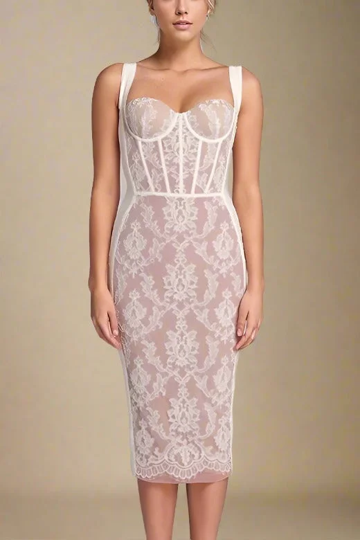 Midi dresses with tiered skirts for a bohemian festival lookGenevieve Bodycon Lace Midi Dress - Pearl White Midi dresses with tiered skirts for a bohemian festival lookGenevieve Bodycon Lace Midi Dress - Pearl White