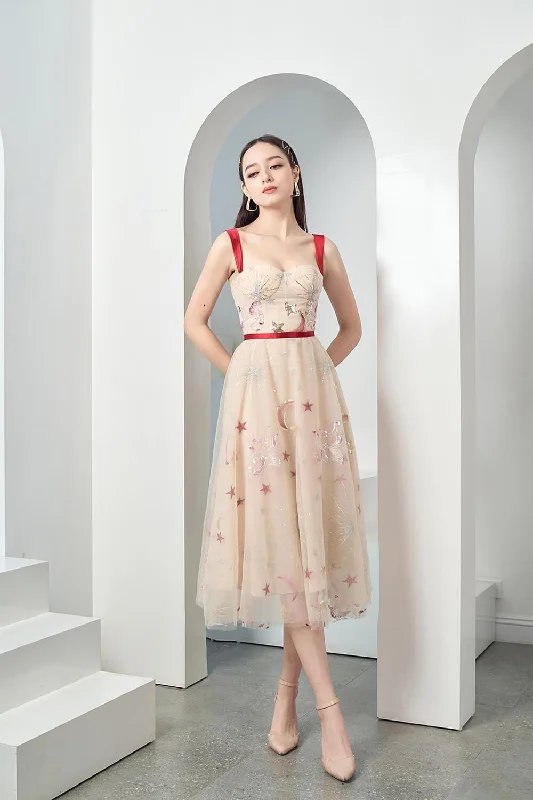 Midi dresses with patchwork patterns for a one - of - a - kind styleGenoveva Fit and Flare Semi-Heart Neck Mesh Sheer Midi Dress Midi dresses with patchwork patterns for a one - of - a - kind styleGenoveva Fit and Flare Semi-Heart Neck Mesh Sheer Midi Dress