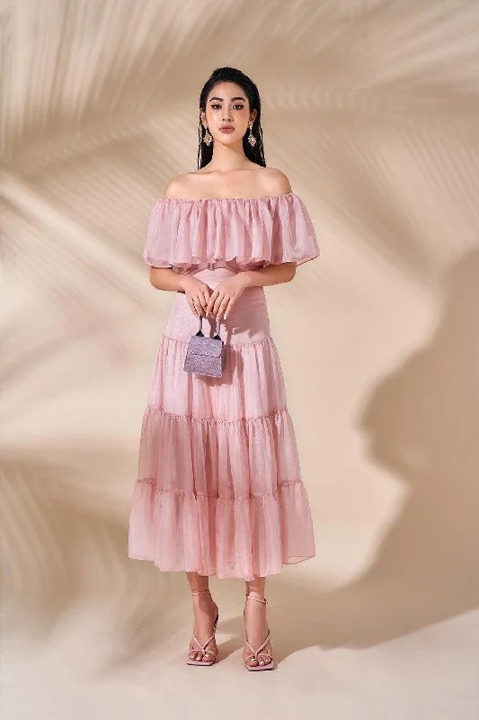 Midi dresses with fringe details for a fun and energetic styleGladiolus Tiered Off-Shoulder Organza Calf Length Dress Midi dresses with fringe details for a fun and energetic styleGladiolus Tiered Off-Shoulder Organza Calf Length Dress