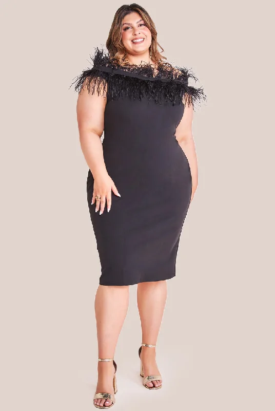 Midi dresses with satin - finish fabrics for a luxurious feelGoddiva Plus Off The Shoulder Feather Midi Dress - Black Midi dresses with satin - finish fabrics for a luxurious feelGoddiva Plus Off The Shoulder Feather Midi Dress - Black