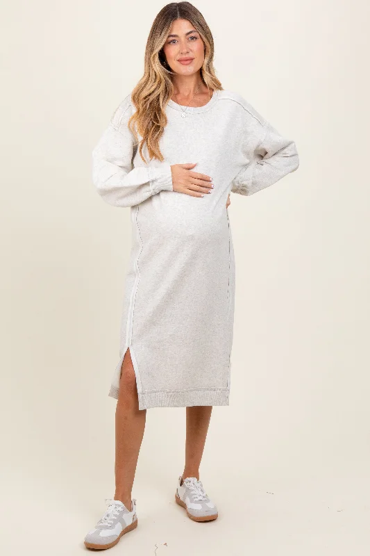 Midi dresses with bow accents for a sweet and charming lookHeather Beige Maternity Sweatshirt Midi Dress Midi dresses with bow accents for a sweet and charming lookHeather Beige Maternity Sweatshirt Midi Dress