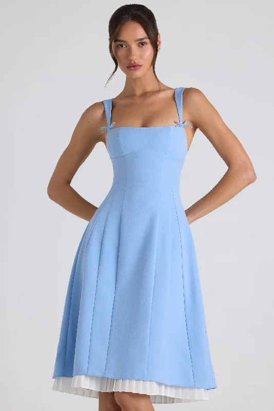 Midi dresses with tiered skirts for a bohemian festival lookBow-Detail Pleated A-Line Midi Dress in Sky Blue Midi dresses with tiered skirts for a bohemian festival lookBow-Detail Pleated A-Line Midi Dress in Sky Blue