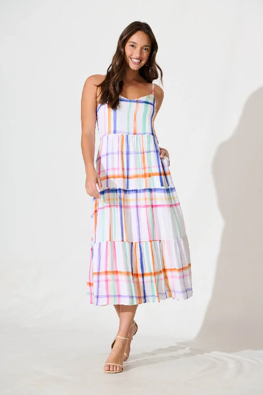 Midi dresses with pleated bodices for a classic and tailored lookKavala Midi Sundress in White with Multi Check Midi dresses with pleated bodices for a classic and tailored lookKavala Midi Sundress in White with Multi Check