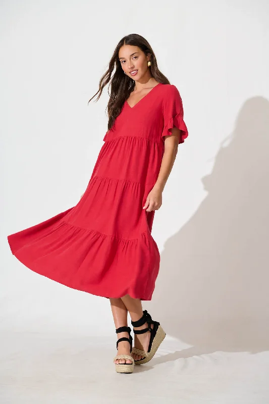 Midi dresses with ribbed textures for a unique and tactile appearanceKristen Midi Smock Dress In Red Linen Blend Midi dresses with ribbed textures for a unique and tactile appearanceKristen Midi Smock Dress In Red Linen Blend
