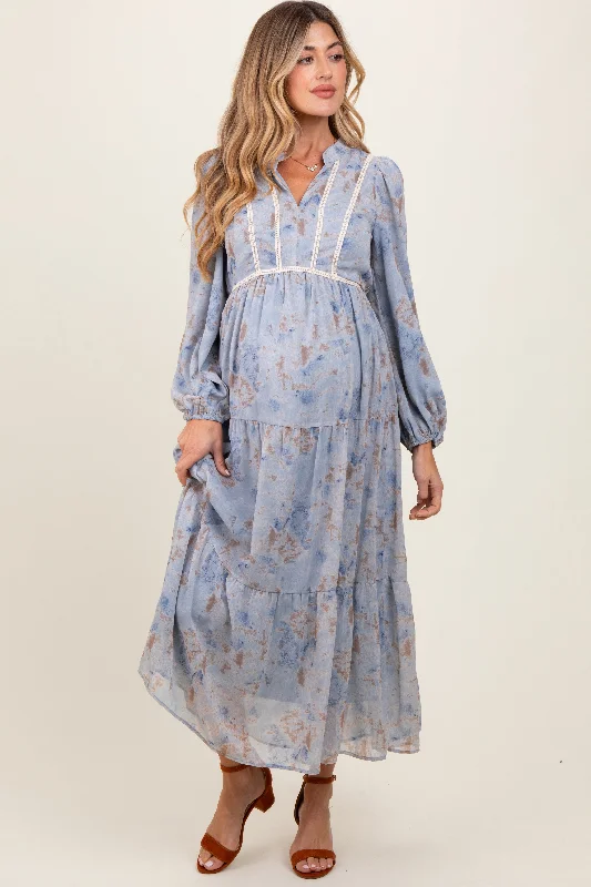 Midi dresses with geometric cutouts for a contemporary and edgy lookLight Blue Floral Lace Trim Maternity Maxi Dress Midi dresses with geometric cutouts for a contemporary and edgy lookLight Blue Floral Lace Trim Maternity Maxi Dress