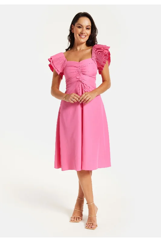 Wrap - style midi dresses in silk for a sophisticated office lookLiquorish Frill Sleeves Midi Dress In Pink With Ruching Front Wrap - style midi dresses in silk for a sophisticated office lookLiquorish Frill Sleeves Midi Dress In Pink With Ruching Front