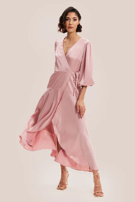 Midi dresses with button - down skirts for a unique and functional designLiquorish Pink Midi Wrap Dress With Short Puff Sleeves Midi dresses with button - down skirts for a unique and functional designLiquorish Pink Midi Wrap Dress With Short Puff Sleeves