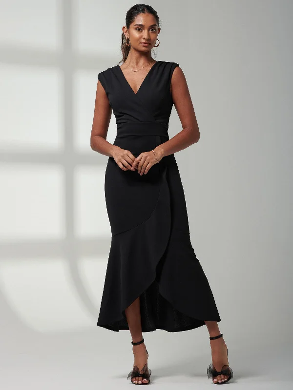 Maxi - inspired midi dresses with flowing fabrics for a beachy vibeMabruka Frill Fishtail Maxi Dress, Black Maxi - inspired midi dresses with flowing fabrics for a beachy vibeMabruka Frill Fishtail Maxi Dress, Black
