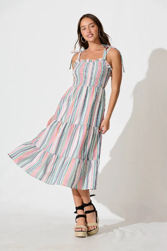 Midi dresses with cold - shoulder cutouts for a trendy styleMarabel Midi Sundress in Multi Stripe Cotton Blend Midi dresses with cold - shoulder cutouts for a trendy styleMarabel Midi Sundress in Multi Stripe Cotton Blend