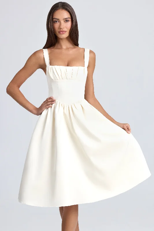Midi dresses with bow accents for a sweet and charming lookDraped Corset Midaxi Dress in Ivory Midi dresses with bow accents for a sweet and charming lookDraped Corset Midaxi Dress in Ivory
