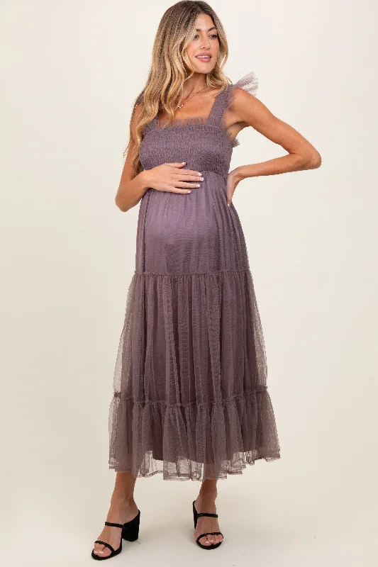 Midi dresses with mesh inserts for a trendy and breathable optionMauve  Mesh Overlay Smocked Maternity Midi Dress