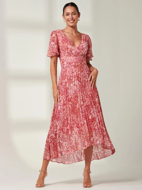 Midi dresses with one - shoulder designs for a modern and asymmetric styleOlenna Angel Sleeve Pleated Chiffon Maxi, Red Abstract Midi dresses with one - shoulder designs for a modern and asymmetric styleOlenna Angel Sleeve Pleated Chiffon Maxi, Red Abstract