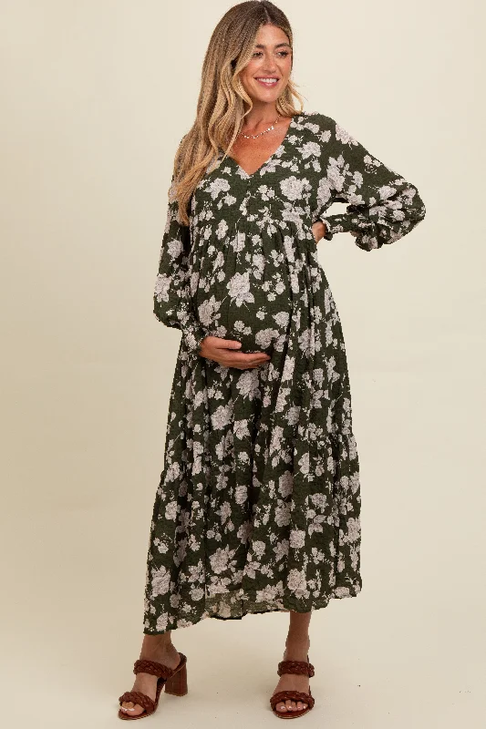Midi dresses with V - necklines for a flattering and elongating effectOlive Floral Textured Bubble Sleeve Maternity Maxi Dress Midi dresses with V - necklines for a flattering and elongating effectOlive Floral Textured Bubble Sleeve Maternity Maxi Dress