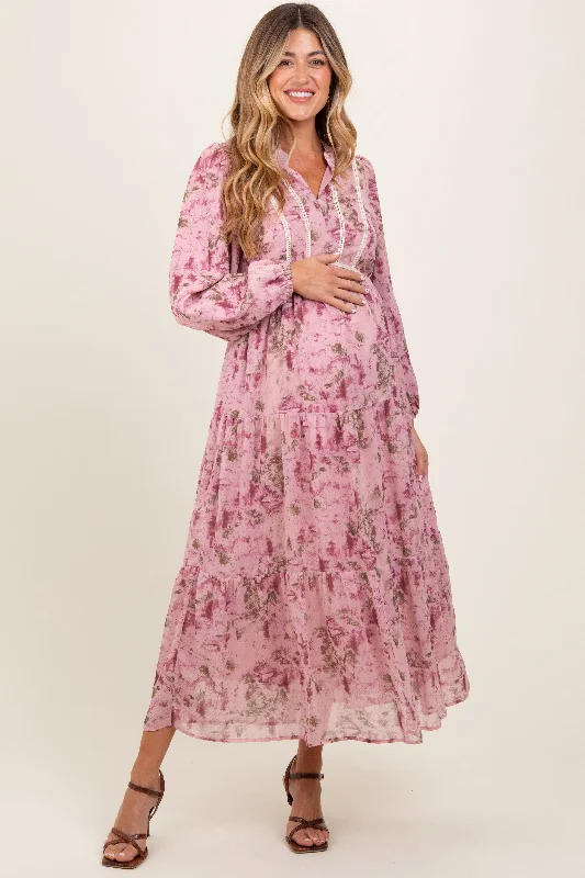 Midi dresses with pleated skirts for a timeless and elegant appealPink Floral Lace Trim Maternity Maxi Dress Midi dresses with pleated skirts for a timeless and elegant appealPink Floral Lace Trim Maternity Maxi Dress