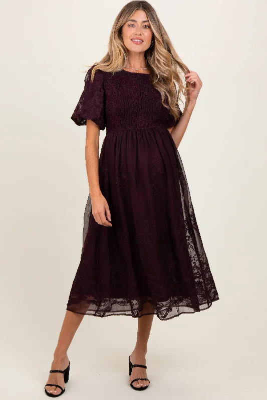 Sleeveless midi dresses with lace details for summer weddingsPlum Floral Lace Smocked Maternity Midi Dress Sleeveless midi dresses with lace details for summer weddingsPlum Floral Lace Smocked Maternity Midi Dress