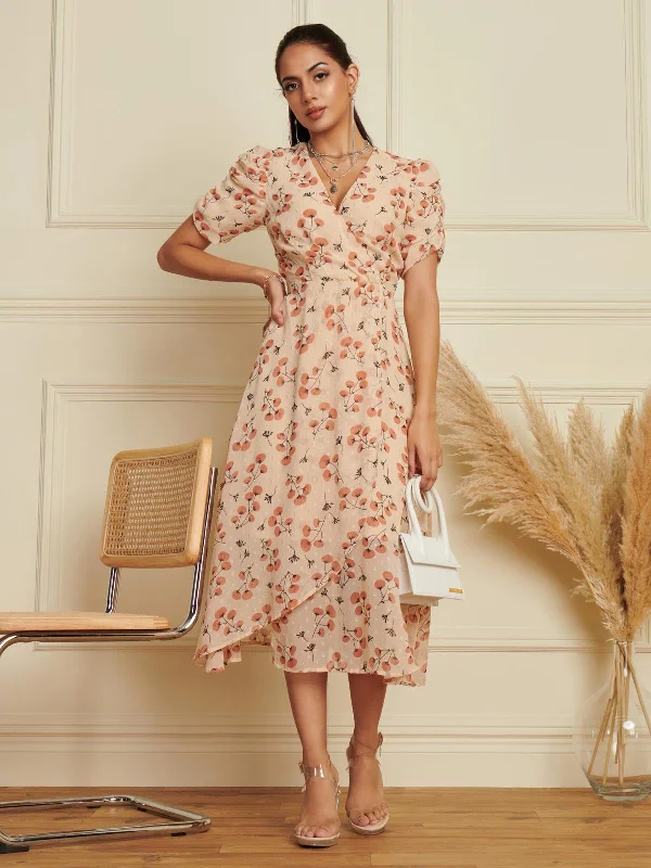 Midi dresses with tassel accents for a bohemian and free - spirited stylePuff Sleeve Chiffon Wrap Midi Dress, Beige Midi dresses with tassel accents for a bohemian and free - spirited stylePuff Sleeve Chiffon Wrap Midi Dress, Beige