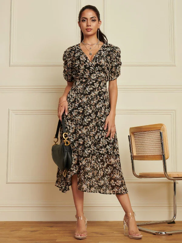 A - line midi dresses with floral prints for spring brunchesPuff Sleeve Chiffon Wrap Midi Dress, Black Ditsy A - line midi dresses with floral prints for spring brunchesPuff Sleeve Chiffon Wrap Midi Dress, Black Ditsy