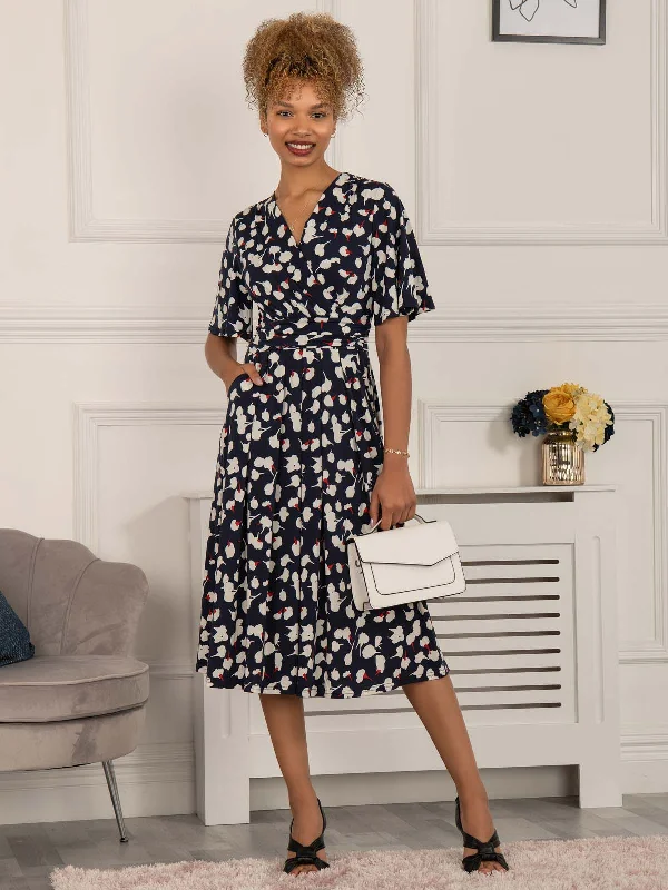 Midi dresses with button - down skirts for a unique and functional designQuyn Angel Sleeve Jersey Dress, Navy White Floral Midi dresses with button - down skirts for a unique and functional designQuyn Angel Sleeve Jersey Dress, Navy White Floral
